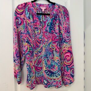 Lilly Pulitzer Pink and Blue Graphic Long Sleeve Blouse